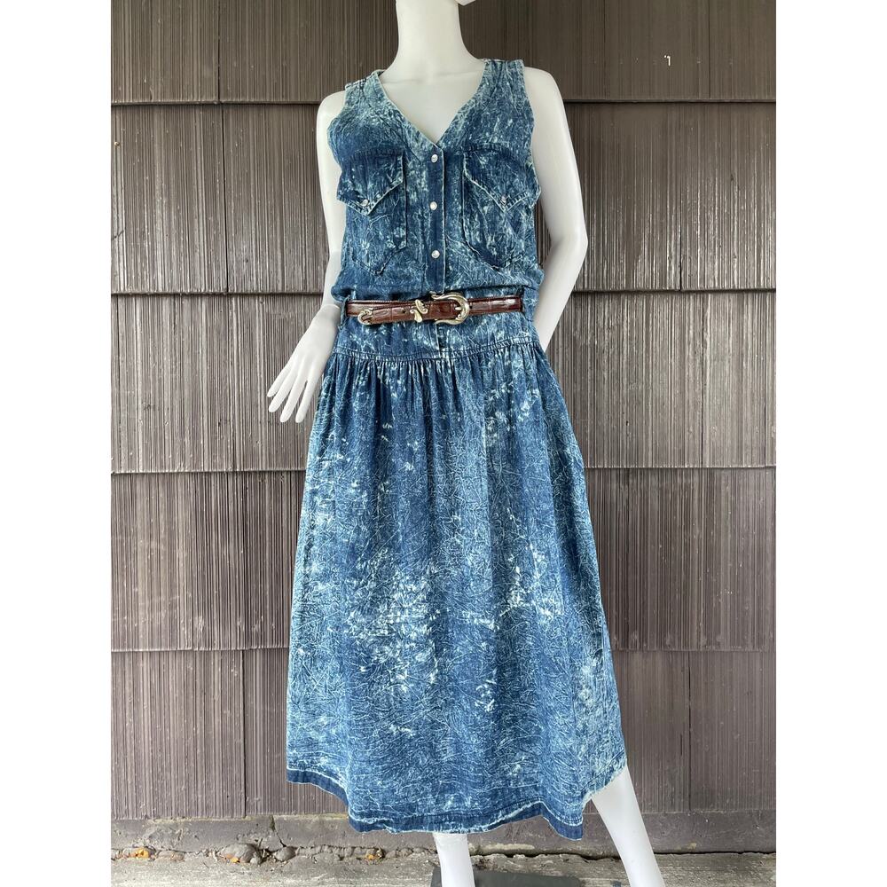 🔥VTG  80s Nicci USA Acid Wash Bleach Pearl Button Sleeveless Denim Midi Dress M
